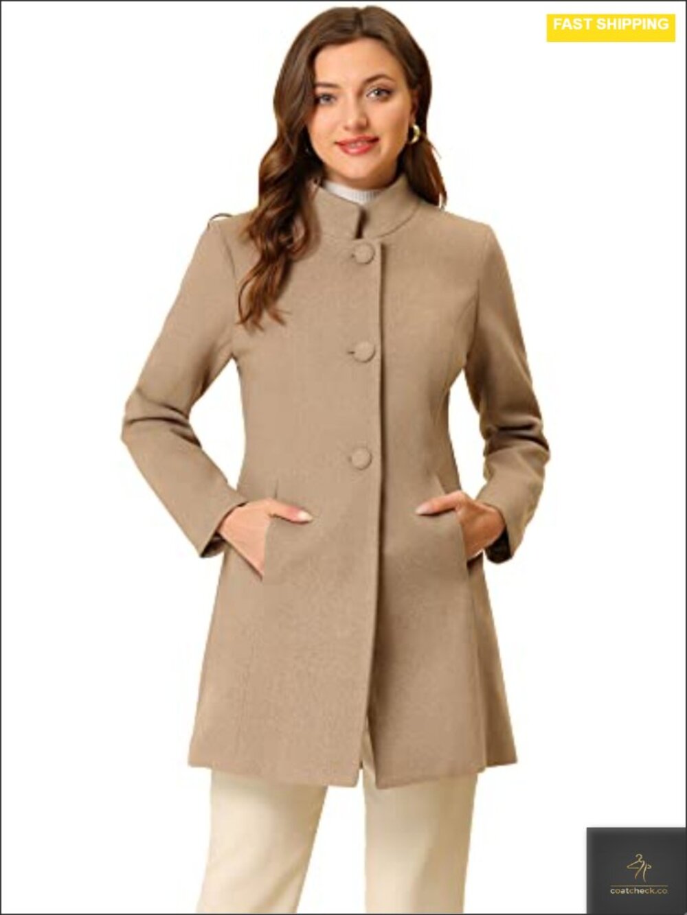 Women Wool & Pea Coat Overcoat Stand Collar Winter Long Sleeve Double Breasted